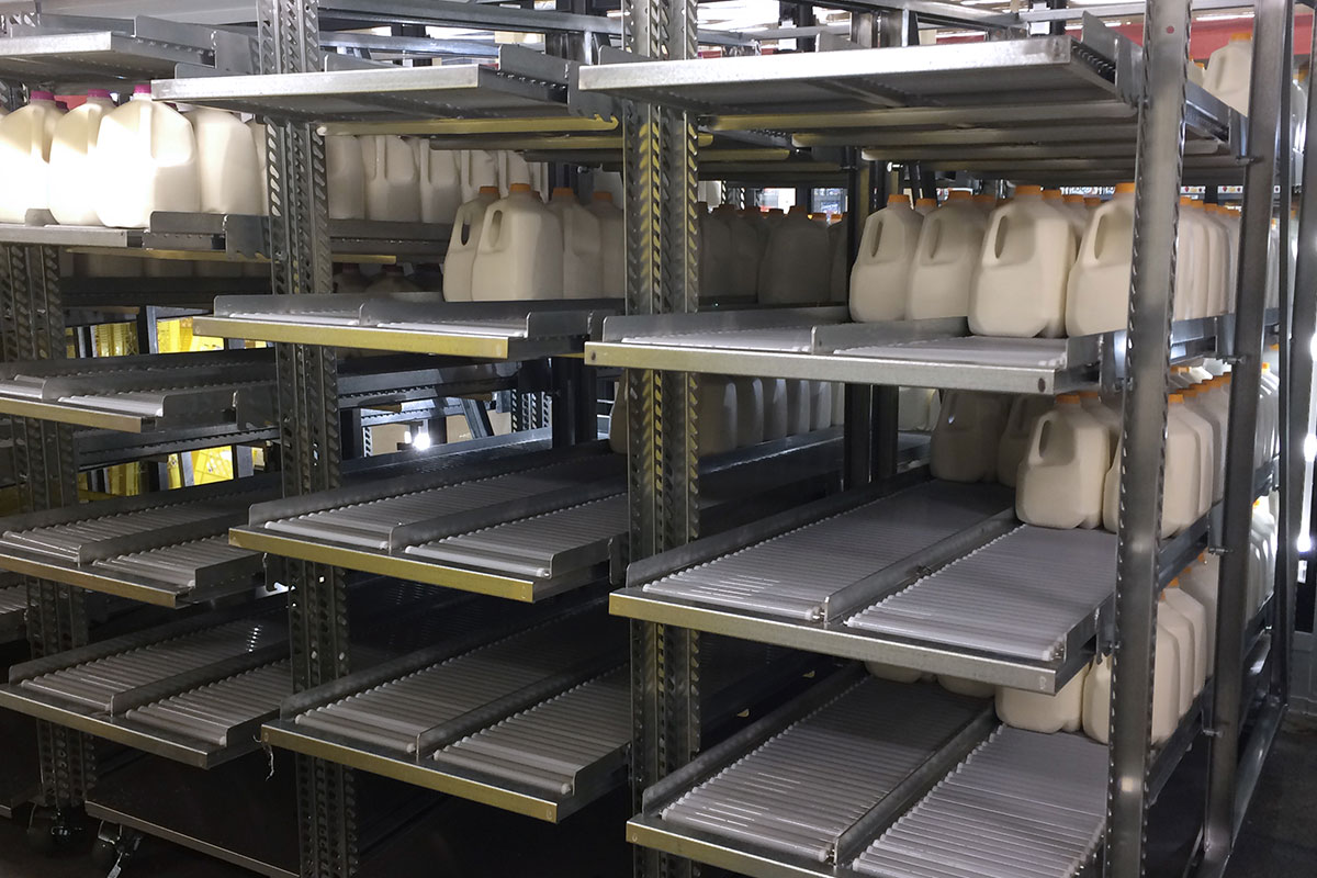 Milk Moover Shelving with Assorted Milk Containers