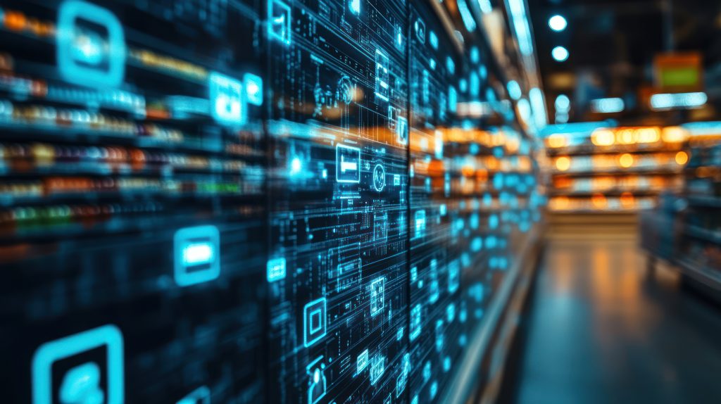 Abstract image of data overlayed on coolers in a grocery store aisle