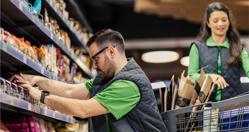 A grocery store employee stocking shelves