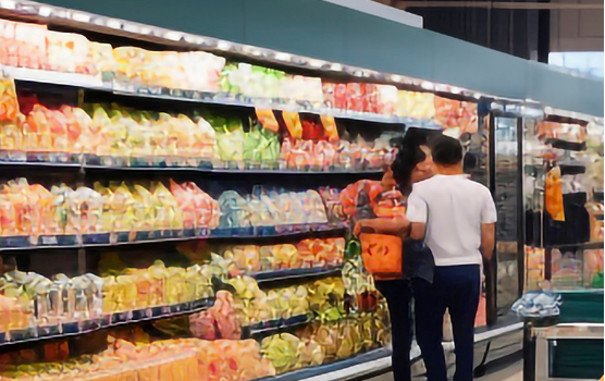 A couple browsing fresh items at a grocery store